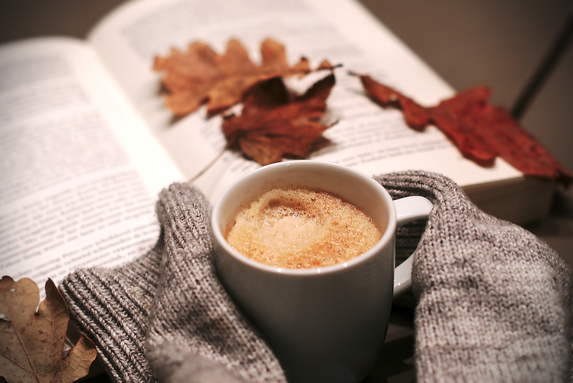 Mug of coffee sitting on an open book held in between hands hidden within sweater sleeves.